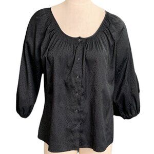 EXPRESS Button Up Peasant Top Smocked Round Neck S Black Animal Pattern #84J